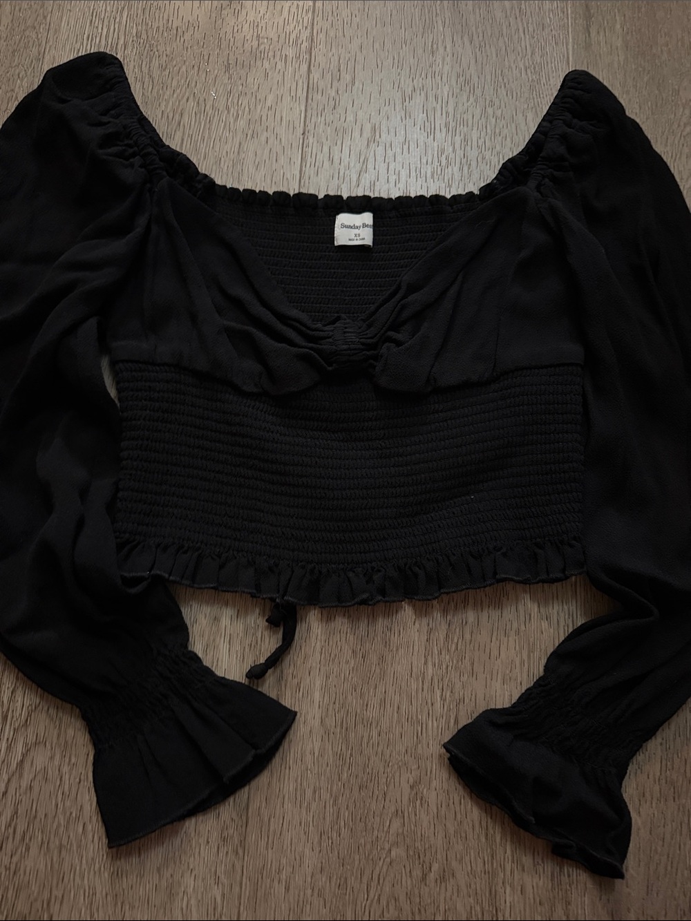 Sunday Best Black Smocked Ruffle Tie Crop Top
